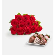 Deliciously Decadent Red Roses and Gourmet Drizzled Strawberries (12 Red Roses Bouquet Only & 12ct Gourmet Drizzled Strawberries)