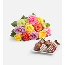 Deliciously Decadent™ Assorted Roses & Drizzled Strawberries (24 Assorted Roses with Vase & 6ct Gourmet Drizzled Strawberries)