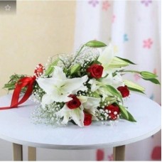 Bouquet Of 2 Stems White Lilies With 5 Red Roses (As Shown)