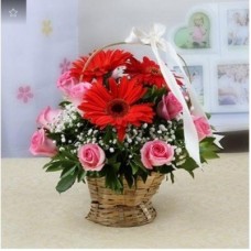 Beautiful Basket Of Red Gerberas N Pink Roses (As Shown)