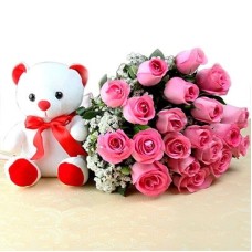Bunch Of 24 Pink Roses And 6 Inch Teddy (As Shown)
