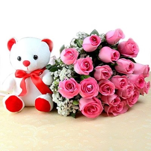 Bunch Of 24 Pink Roses And 6 Inch Teddy (As Shown)