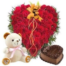 Heartshape Roses With Cake N Teddy (As Shown)
