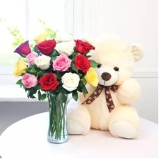 12 Mixed Roses Vase With Teddy (As Shown)