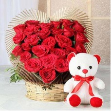30 Red Roses Heart With Teddy (As Shown)
