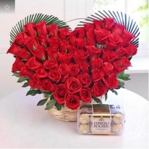 Heart Shaped Of 50 Red Roses 16 Pcs Ferrero Rocher Chocolate (As Shown)