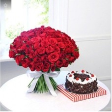 100 Red Roses With One Kg Black Forest Cake (As Shown)