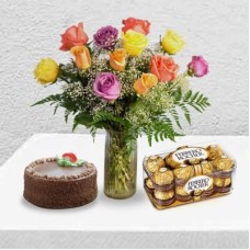 12 Mixed Rose Vase With Cake & Ferrero Rocher Chocolate (As Shown)