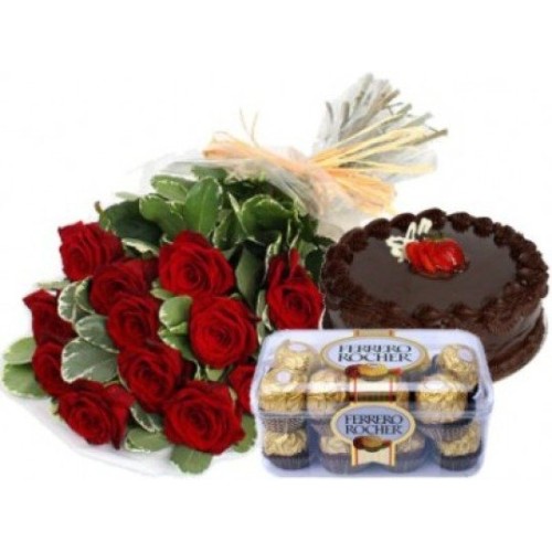 Bunch Of 10 Red Roses 1 Kg Chocolate Cake 16 Pcs Ferrero Rocher Box (As Shown)