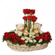 Basket Of 40 Red White Roses And 2 Teddies (As Shown)