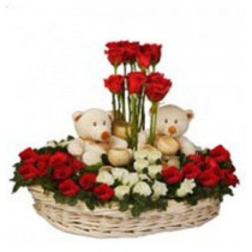 Basket Of 40 Red White Roses And 2 Teddies (As Shown)