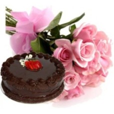 10 Pink Roses Bunch And Chocolate Cake (As Shown)