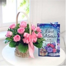 Round Basket Of 20 Pink Roses With Card (As Shown)