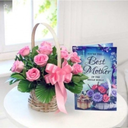 Round Basket Of 20 Pink Roses With Card (As Shown)