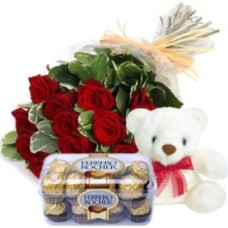 Bunch Of 10 Red Roses 16 Pcs Ferrero Rocher Box 6 Inches Teddy (As Shown)