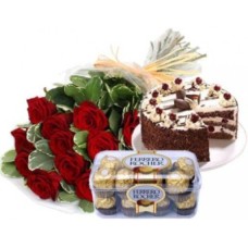 Bunch Of 12 Red Roses 1 Kg Black Forest Cake 16 Pcs Ferrero Rocher Box (As Shown)