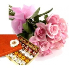 12 Pink Roses Half Kg Assorted Mithai (As Shown)