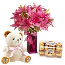 Vase With 10 Pink Lilies 16 Pcs Ferrero Rocher 6 Inches Teddy (As Shown)