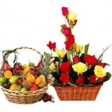 Basket Of 20 Red And Yellow Roses With Basket Fresh Mix Fruits 5 Kgs (As Shown)