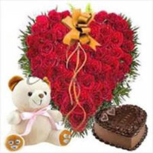 Heartshape Arrangement Of 50 Roses, 1 Kg. Heartshape Cake, 6 Inches Teddy (As Shown)