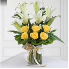 Glass Vase Of Roses With Lilies (As Shown)