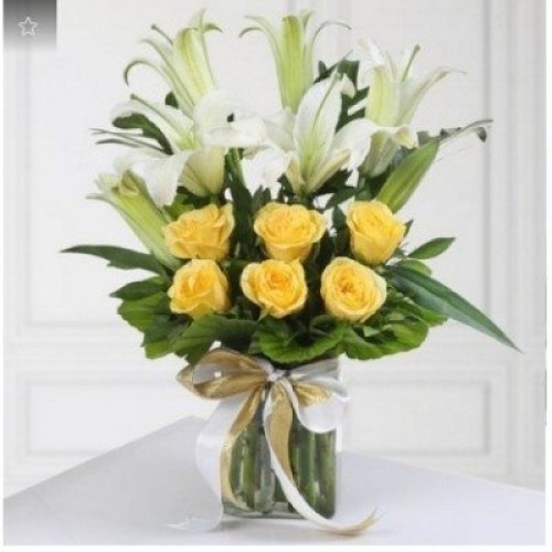 Glass Vase Of Roses With Lilies (As Shown)