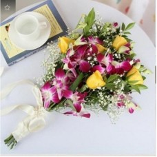 Bunch Of 5 Purple Orchids With 5 Yellow Roses (As Shown)