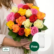 Bunch of 20 mixed coloured roses with vase
