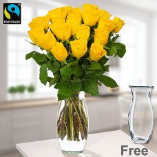 20 yellow Fairtrade roses in a bunch with Vase
