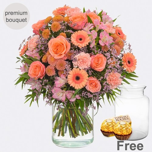 Premium Bouquet Blossom Love with premium vase & 2 Ferrero Rocher