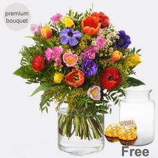Premium bouquet of floral joy with premium vase & 2 Ferrero Rocher