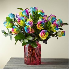 Two Dozen Rainbow Rose Bouquet with Blush Vase
