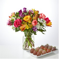 Smiles & Sunshine Bouquet and Berry Bundle (Deluxe Bouquet with Berries and Glass Vase)