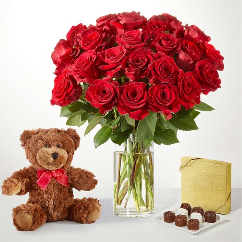 Red Roses Gift Sets (12 Roses with Red Vase, Chocolate, and Bear)