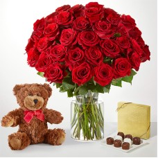 Three Dozen Long Stem Red Roses (36 Roses with Glass Vase and Chocolate)