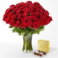 Fifty Long Stem Red Roses (50 Roses with Vase and Chocolates)