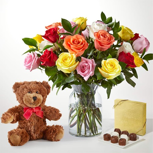 Mixed Roses Gift Sets (12 Roses with Vase, Chocolate, and Bear)