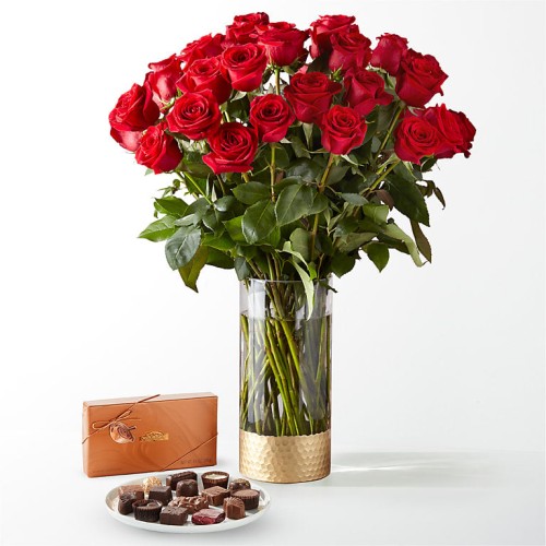 Classic Love Red Rose Gift Sets (24 Roses and Chocolates)