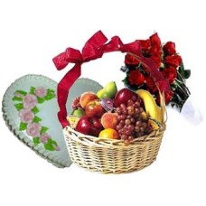 Fruit Basket With Cake And Roses