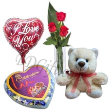 3 Pcs Red Roses in vase w/ Bear, Chocolate & Balloon