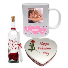 Valentine Heart Shaped Cake, Message In A Bottle And Ceramic Picture Mug