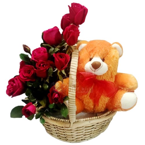 12pcs red roses W/ 6 inch teddy bear