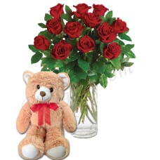 (10) 1 dozen roses in vase W/ Teddy Bear