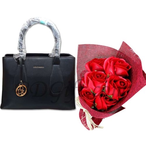 (000002) Balck Elegent Handbag W/ Roses Bouquet