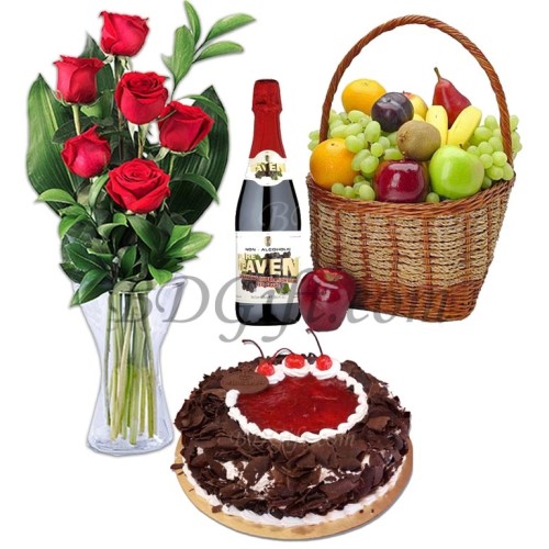 Cake W/ Fruit basket & Red Rose