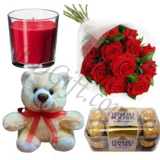 Red roses W/ chocolates, teddy bear & candle