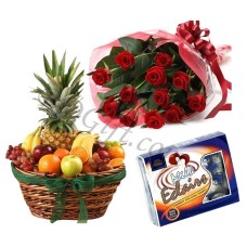 Fruit Basket W/ 1 dz Red Roses & Chocolate