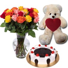 (24) Swiss - Black Forest Cake W/Bear & 24 mix roses in vase