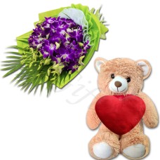 (47) Teddy Bear w/ Red Heart & orchids in bouquet