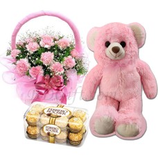 (64) Teddy Bear W/ Carnation Basket & Ferrero Rocher Chocolate